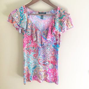 LAUREN RALPH LAUREN Colorful Paisley Ruffle V-Neck